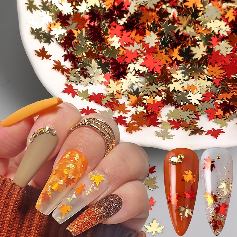 Vopintpy Thanksgiving Glitters Nails Sequins Fall Nail Glitter Sequins Autumn Maple Leaf Flakes Design Nails Charms Holographic Mixed Color 3D Confetti Nails Glitter for Women - Image 1